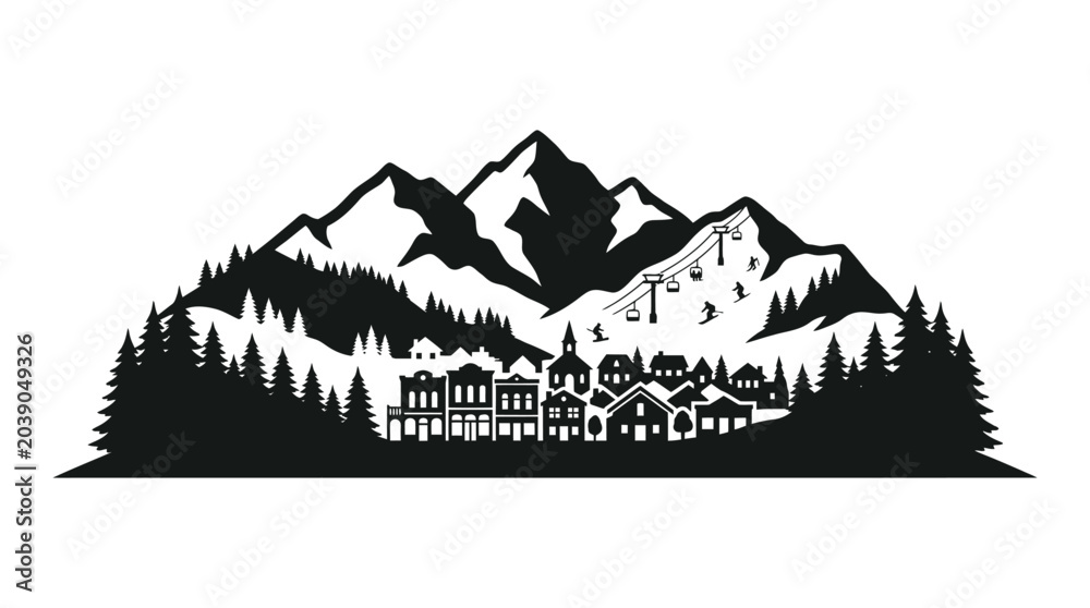 Fototapeta premium mountain town silhouette landscape black white background