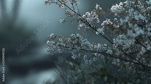 Delicate white blossoms on a branch in soft, misty morning light, bokeh background.