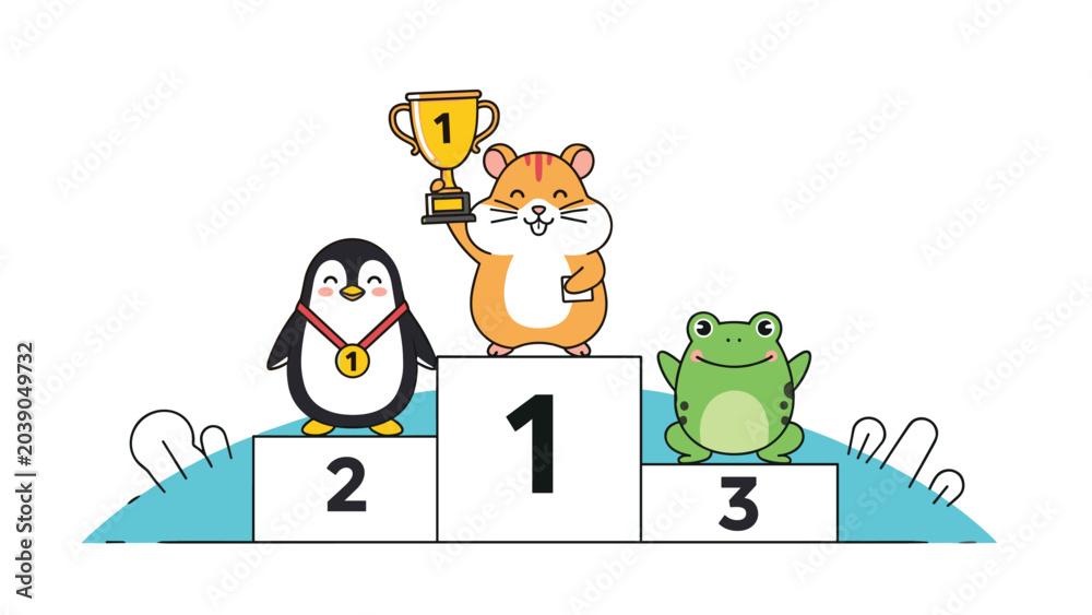 Fototapeta premium Cute cartoon hamster standing on a winner's podium holding a trophy while a penguin and frog take second and third place.
