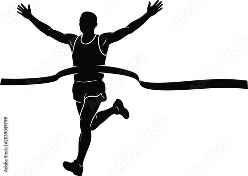 фотографія Marathon runner crossing the finish line tape black silhouette icon isolated on