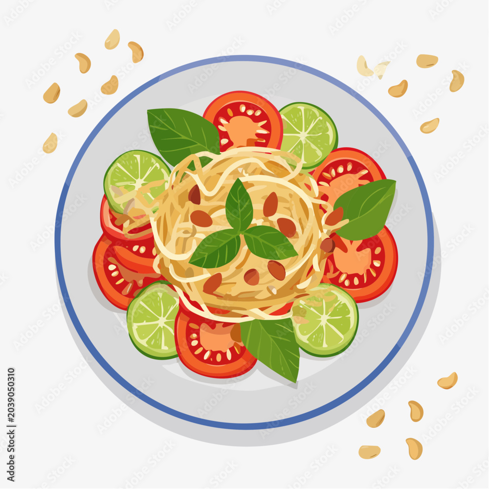 Naklejka premium Illustration of a Plate of Spaghetti with Tomatoes and Lime