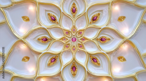 Intricate floral ceiling medallion with gold trim and pink gems, luxurious interior design