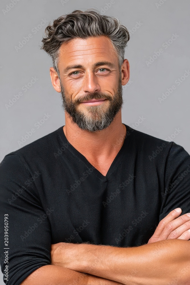 Fototapeta premium Confident mature man portrait with beard and gray hair smiling in casual black sweater, studio close-up
