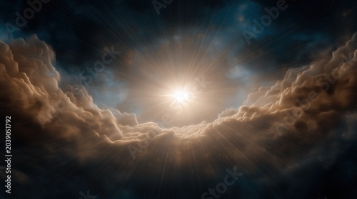 A cinematic depiction of the creation of light from genesis with divine illumination breaking through primordial darkness across a vast cosmic void.