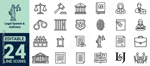 Tableau sur toile Legal System and Judiciary Icon Set Featuring Scales of Justice Gavel Courthouse