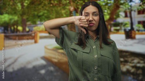 Fotografía Hispanic young brunette woman making thumbs down gesture with raised arm in park; disapproval protest dissent