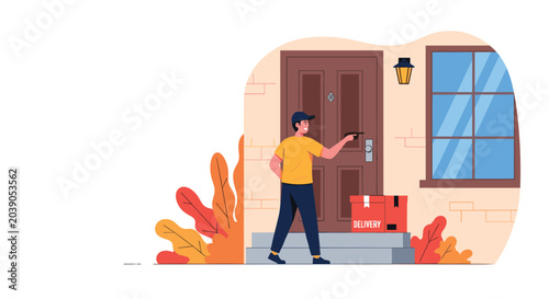 Professional delivery man in a yellow shirt delivers a red package to the front door of a suburban home on a sunny afternoon.