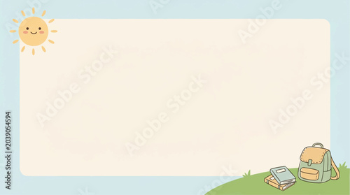 Cute Back to School Vector Banner with Smiling Sun School Bag and Empty Copy Space