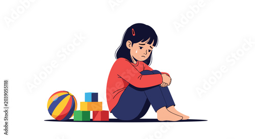 Sad little girl sits on the floor with a lonely expression next to her colorful building blocks and a striped ball in a simple illustration.