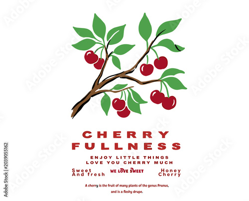 Quadro em tela Cherry fullness illustration, vintage fruit branch, red berries typography, swee