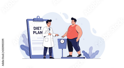 Professional doctor discusses a diet plan with an overweight man standing on a weight scale to help him achieve his health and fitness goals.