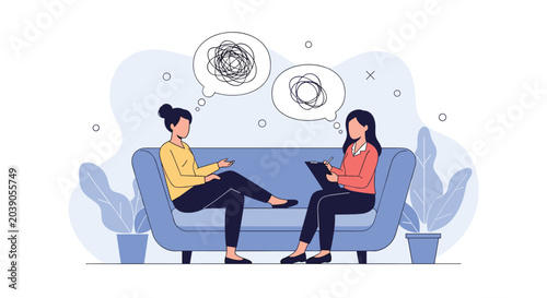Young woman discussing her mental health issues with a professional therapist during a counseling session in a comfortable office setting.