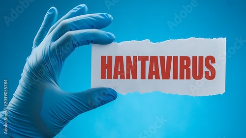 Hand wearing blue protective glove holding torn paper with Hantavirus text against blue background