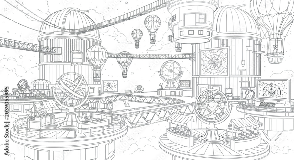 Obraz premium Detailed intricate vintage mechanical and architectural illustration with gears and buildings