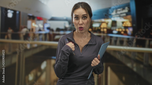 Bild auf Leinwand Woman holding clipboard with pen, hand at collar and attentive expression in airport terminal; determination