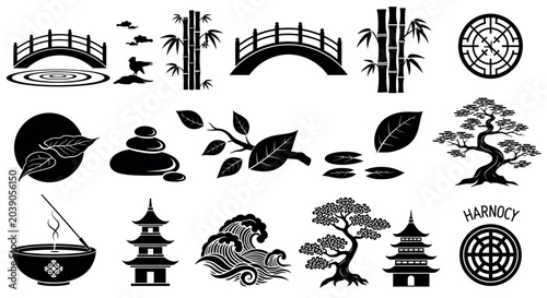 Elegant japanese zen garden and nature elements black and white vector icons set