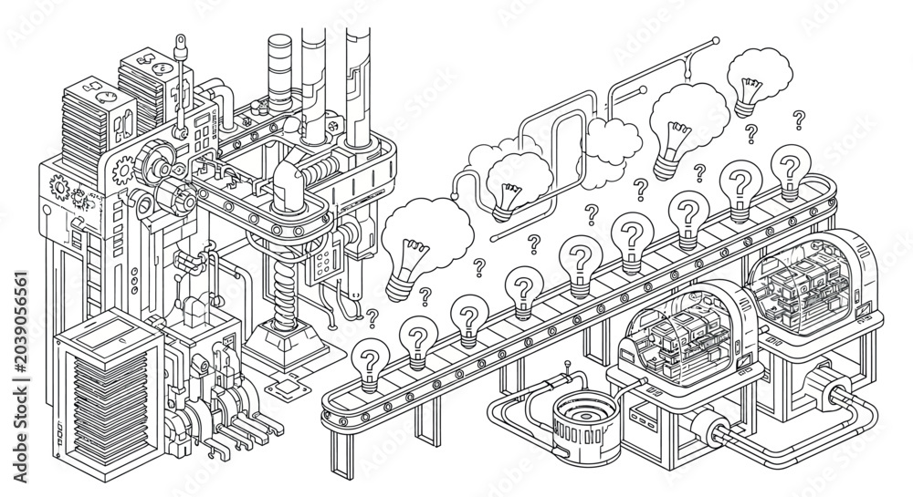 Obraz premium Vintage industrial laboratory equipment illustration with light bulbs and machinery