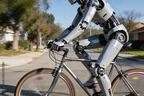 robot on a bicycle. robot cyclist.