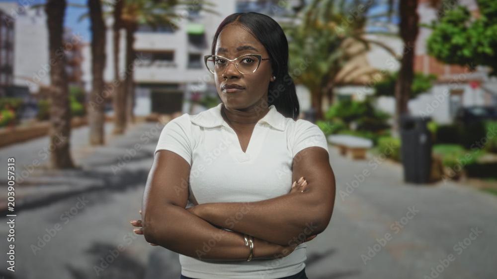 Fototapeta premium Woman in white polo wearing glasses with arms crossed on sunlit street lined with palm trees; confidence resilience.