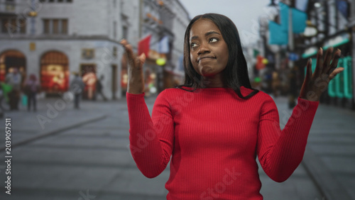 Photos Woman in red sweater shrugs with hands raised, flipping fingers near face and pursing lips on a busy pedestrian street lined with shops and neon signs; indifference dismissal