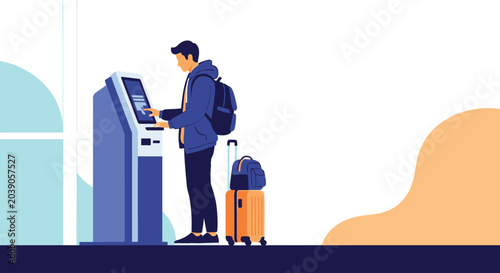 Young traveler in casual clothes using an automated check-in kiosk at an airport terminal with his suitcase and backpack ready.