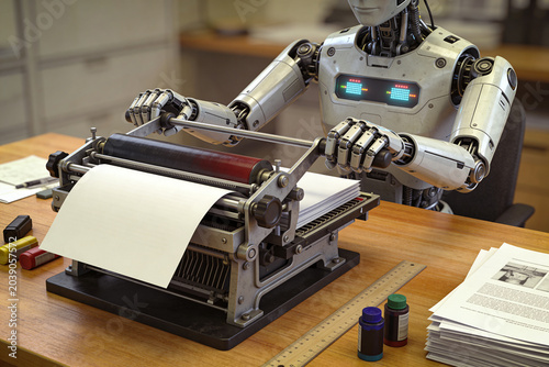 A robot is typing on a typewriter.