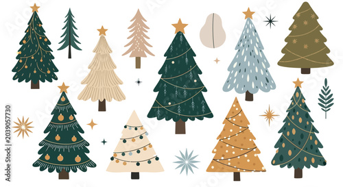 Scandinavian Christmas trees and winter holiday graphic elements set