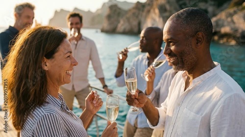 Mature multiethnic couple laughing together holding champagne glasses during yacht party at sunset