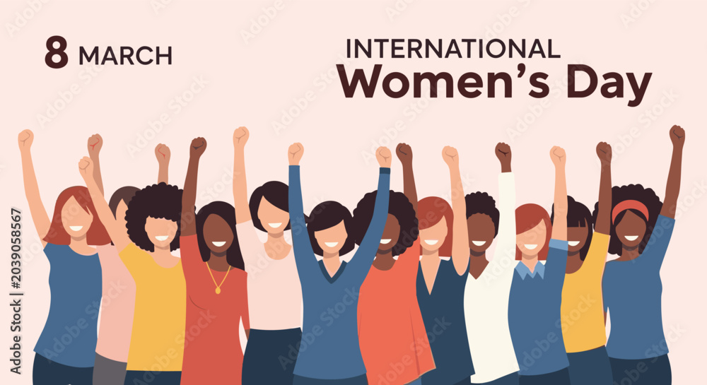 Fototapeta premium International Women Day illustration showing a diverse group of women standing together and raising their fists in unity.