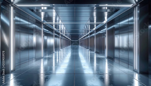 Futuristic metallic corridor with linear lighting and reflections.
