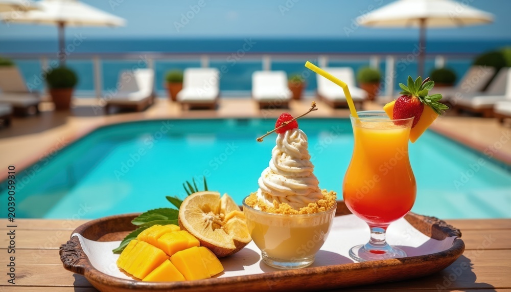 Obraz premium On cruise ship deck, enjoy ice cream dessert and orange cocktail drink by pool. Fresh mango fruit slices and lemon half on tray with blue ocean background.