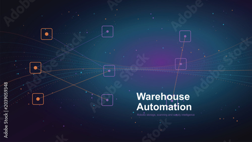 Abstract digital network illustrating warehouse automation featuring glowing connections and square nodes for smart logistics and industrial technology concepts