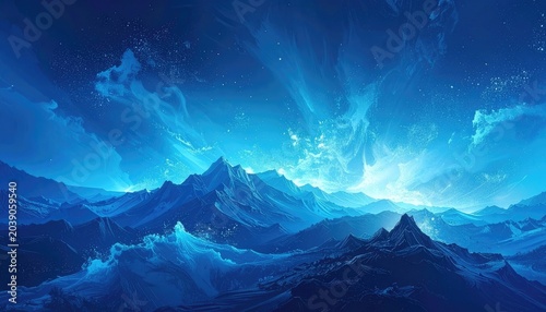 A breathtaking fantasy landscape of snow-capped mountains under a starry, aurora-filled sky.