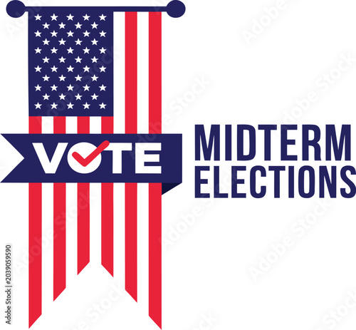 Fotografía Graphic promoting the United States Midterm Election 2026 with patriotic American flag elements and a voting message