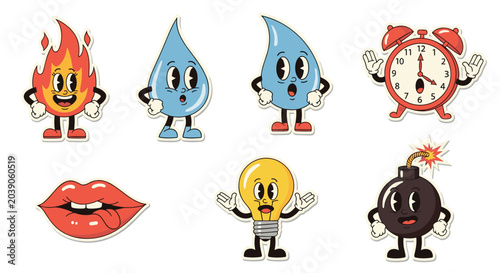 Collection of retro style cartoon stickers with faces including fire, water drops, a clock, lips, a lightbulb, and a bomb.