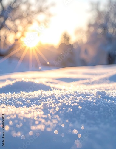 Golden sunbeams sparkle on fresh snow creating a winter wonderland.