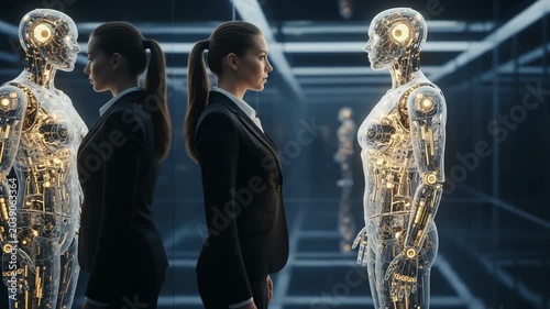Businesswoman standing between human and robotic reflections
