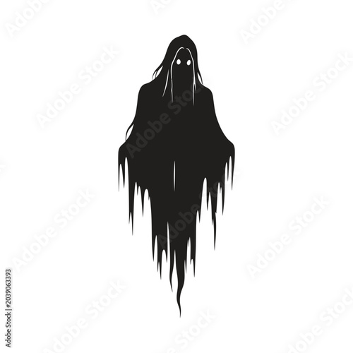 A shadowy figure with glowing eyes appears as a ghost on a white background.