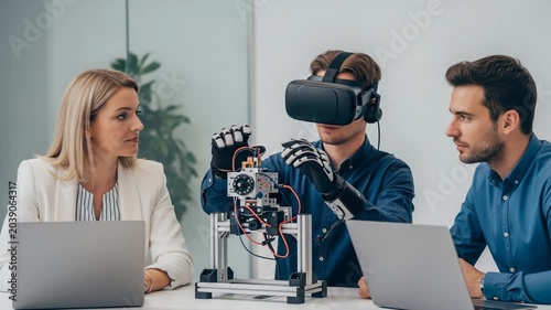 Team of engineers working with vr technology and robotics