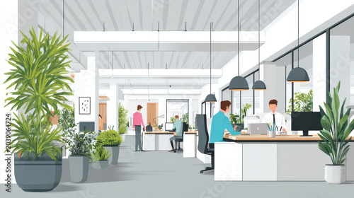 Realistic Open Plan Office Diverse Employees Working