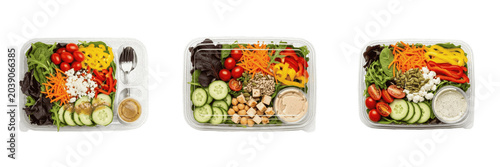 Fotografija Healthy Fresh Salad Bowls Collection, Isolated PNG Set, Nutritious Vegetable Sal