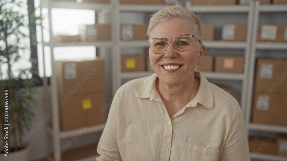 Fototapeta premium Woman smiles holding parcel and wearing glasses in office building with shelves of boxes and a potted plant; small business contentment.