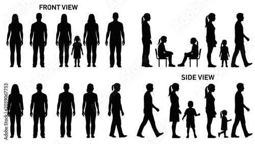 Vector Human Silhouette Illustration Front Side View Adults Children Standing Sitting Walking Poses Body Proportions Design Pack
