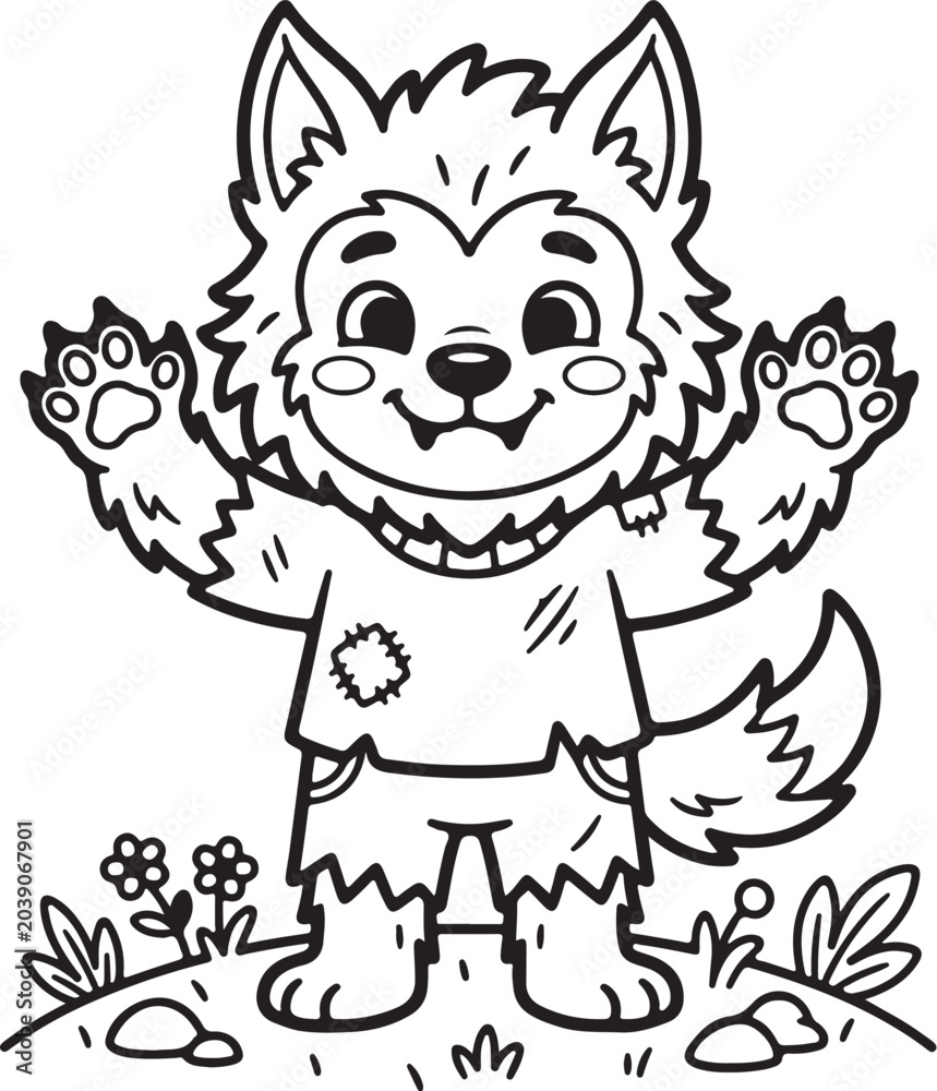 Fototapeta premium Werewolf coloring page for kids. Cute monster line art illustration. Halloween wolf cartoon character vector. Black and white outline for children's activity book. Printable nursery school worksheet. 