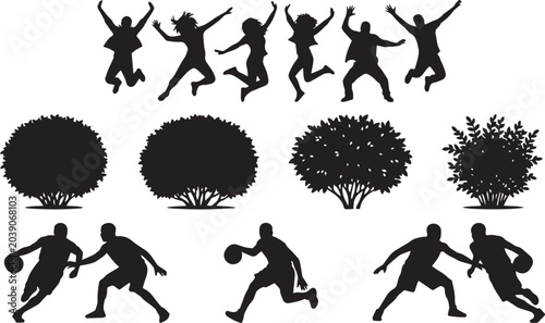 Cuadro en lienzo Vector silhouette collection featuring jumping happy people, garden shrub bushes
