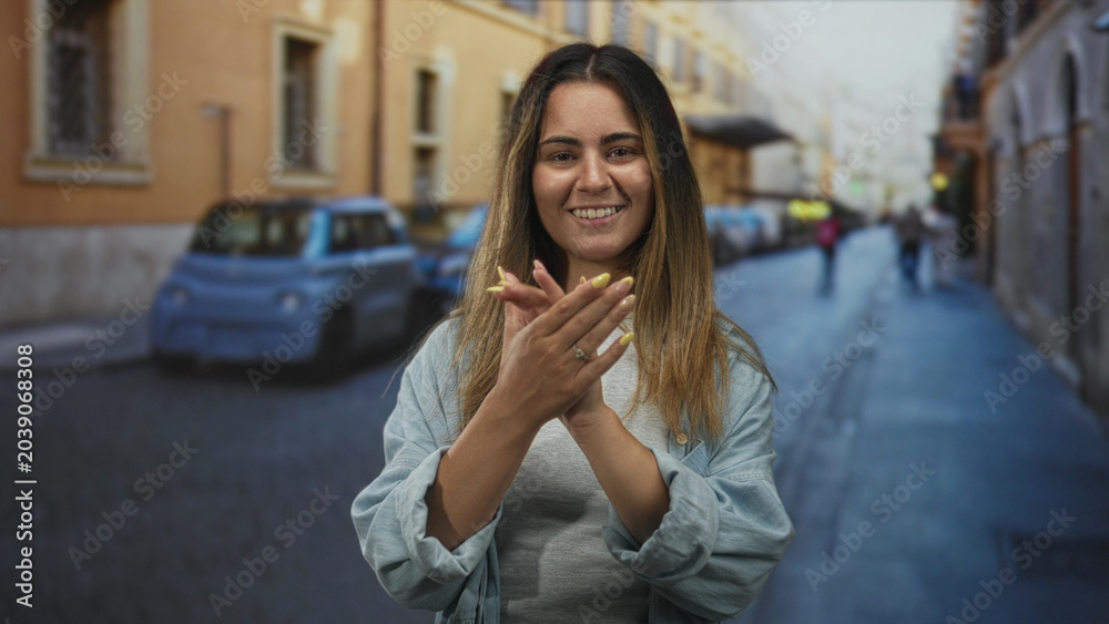 Fototapeta premium Hispanic woman clapping hands on a narrow cobbled city street, smiling with visible rings and long nails while facing camera; happiness.