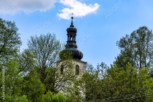 Фотография Historic church tower with onion dome surrounded by lush green trees under a blu