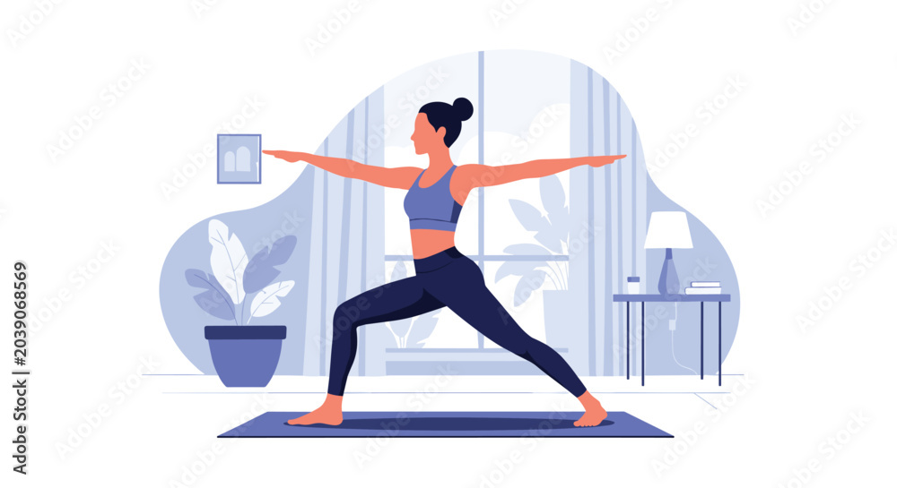 Fototapeta premium Young woman practicing yoga in warrior pose for fitness and relaxation in modern home living room interior with plants.