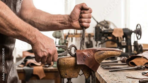 Cobbler using a punch tool to work on a leather shoe upper over a traditional wooden last