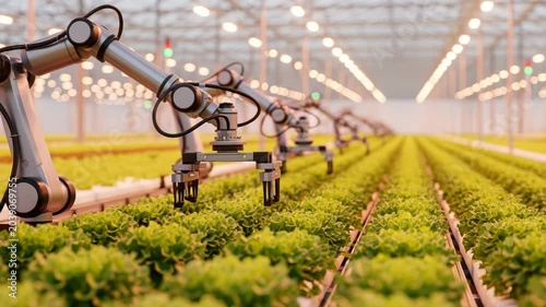 Robotic arms harvesting lettuce in a hightech indoor greenhouse
